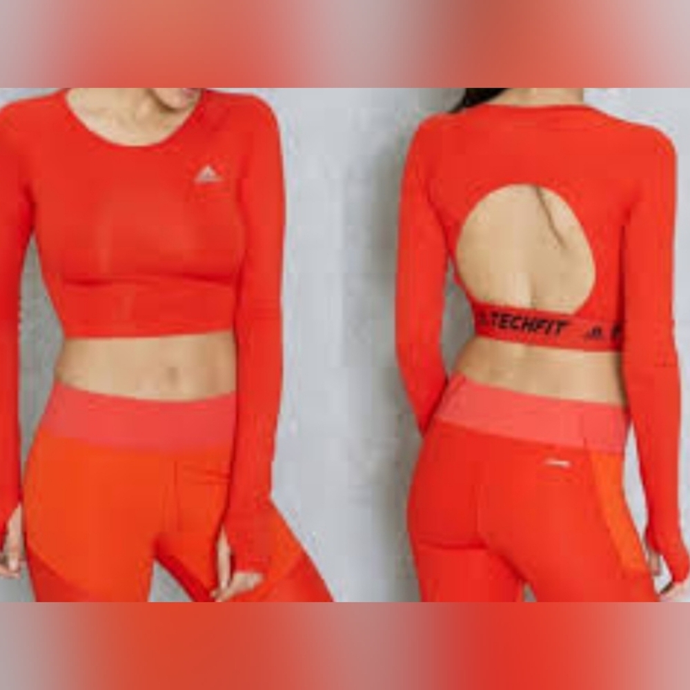 Adidas Tech Red Long Sleeve Crop Top   W/ Open Back Design M